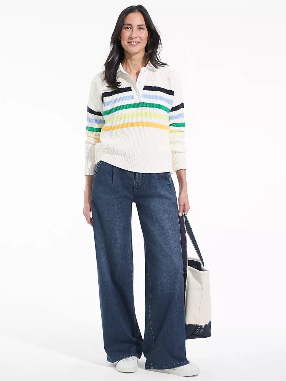 Lands' End Women's Soft Denim High Rise Pleated Wide Leg Trousers